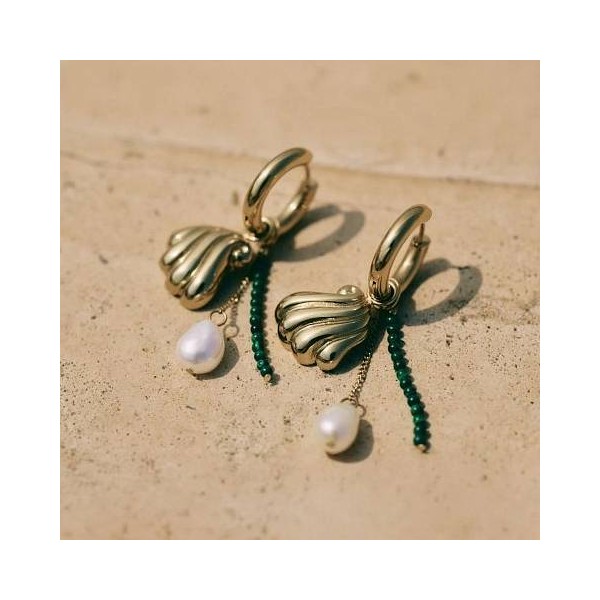 BEACH PEARLS HOOPS GREEN GOLD