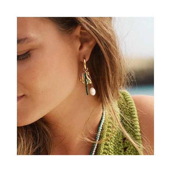BEACH PEARLS HOOPS GREEN GOLD