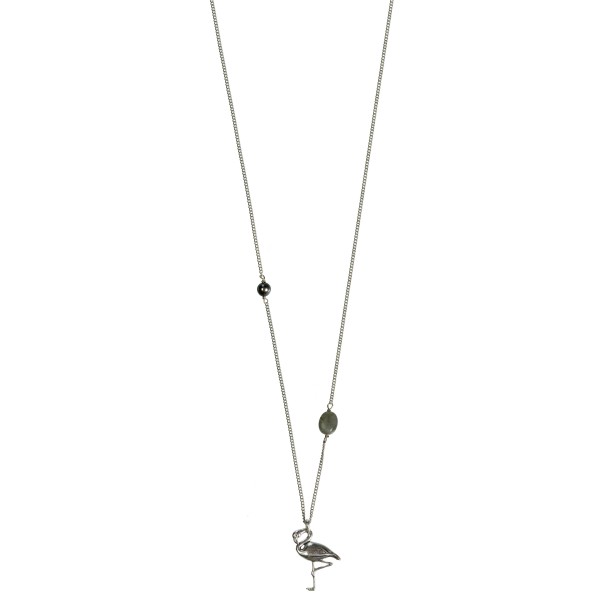 Srebrna verižica s svežo vodno perlo v sivi barvi, ecru kamnom in srebrnim obeskom flaminga 45 cm- HULTQUIST.