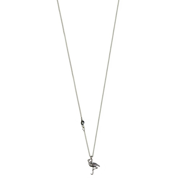 Srebrna verižica s svežo vodno perlo v sivi barvi, ecru kamnom in srebrnim obeskom flaminga 45 cm- HULTQUIST.