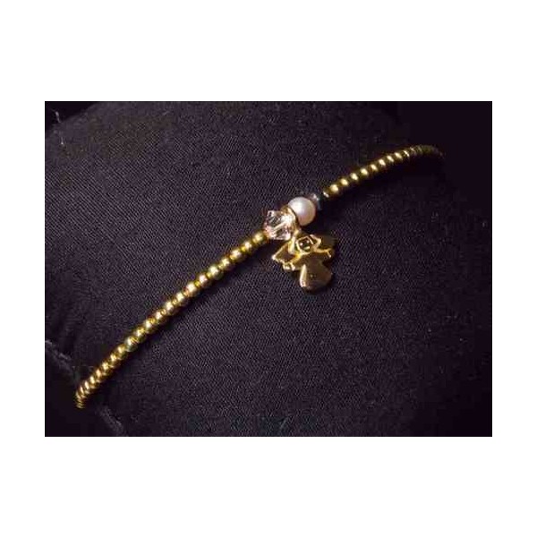 Pozlačena srebrna zapestnica z obeskom angela, hematit, vodne in swarovski perlice - UNIK.